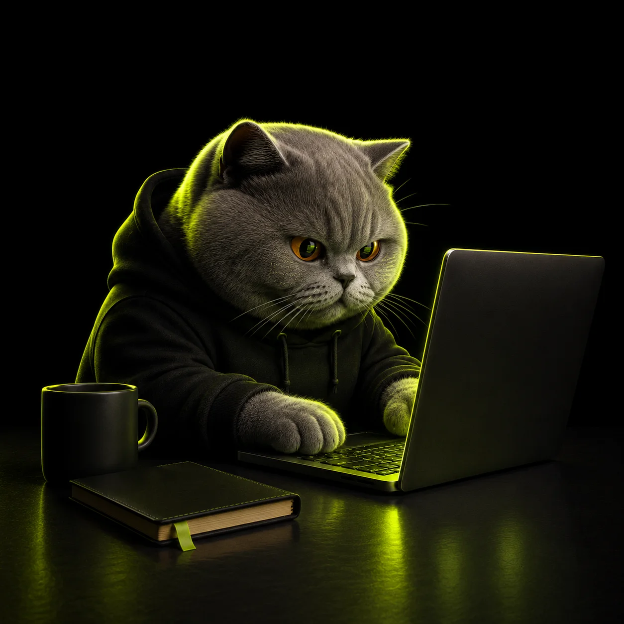 Pixel the cat coding at his laptop